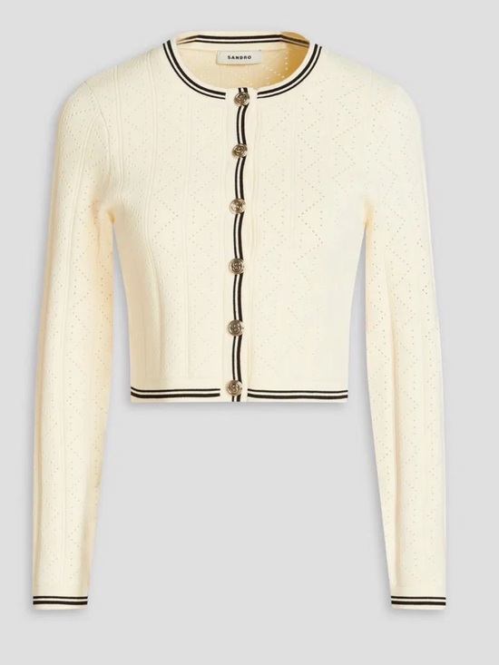 Sandro Sweaters - Sandro Cream Knit Cardigan with Black Stripe Trim and Logo Buttons